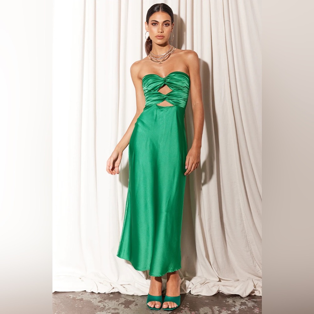 Brand new, with tags, emerald green strapless satin cut out corset dress